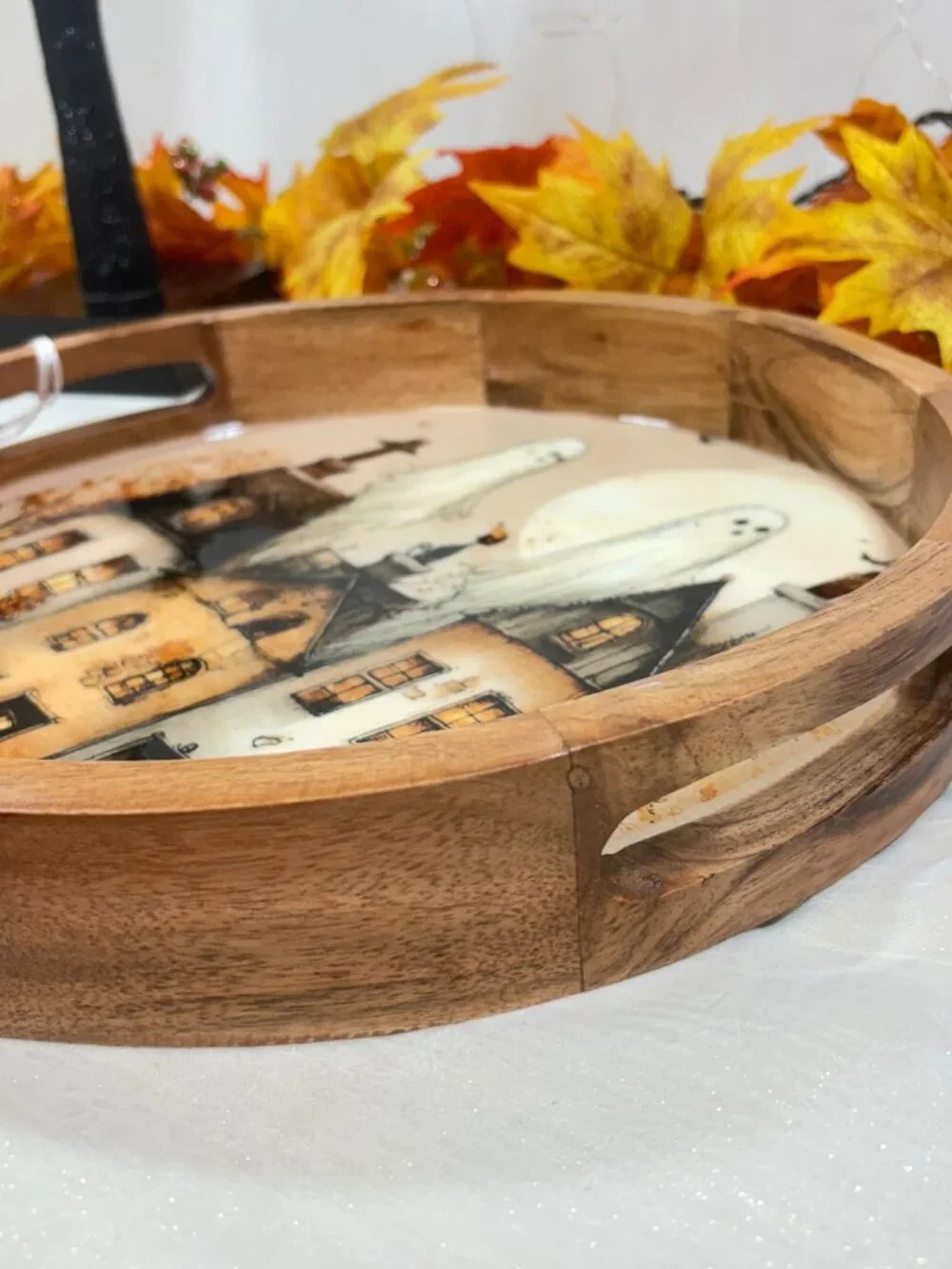 Acacia Wood Round Halloween Ghost & Haunted House 14” Handle Serving Tray